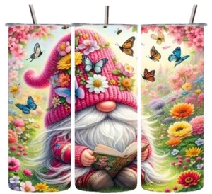 Gnome Reading a Book Spring Butterfly Flowers 20oz Tumbler Insulated Travel - Picture 1 of 3