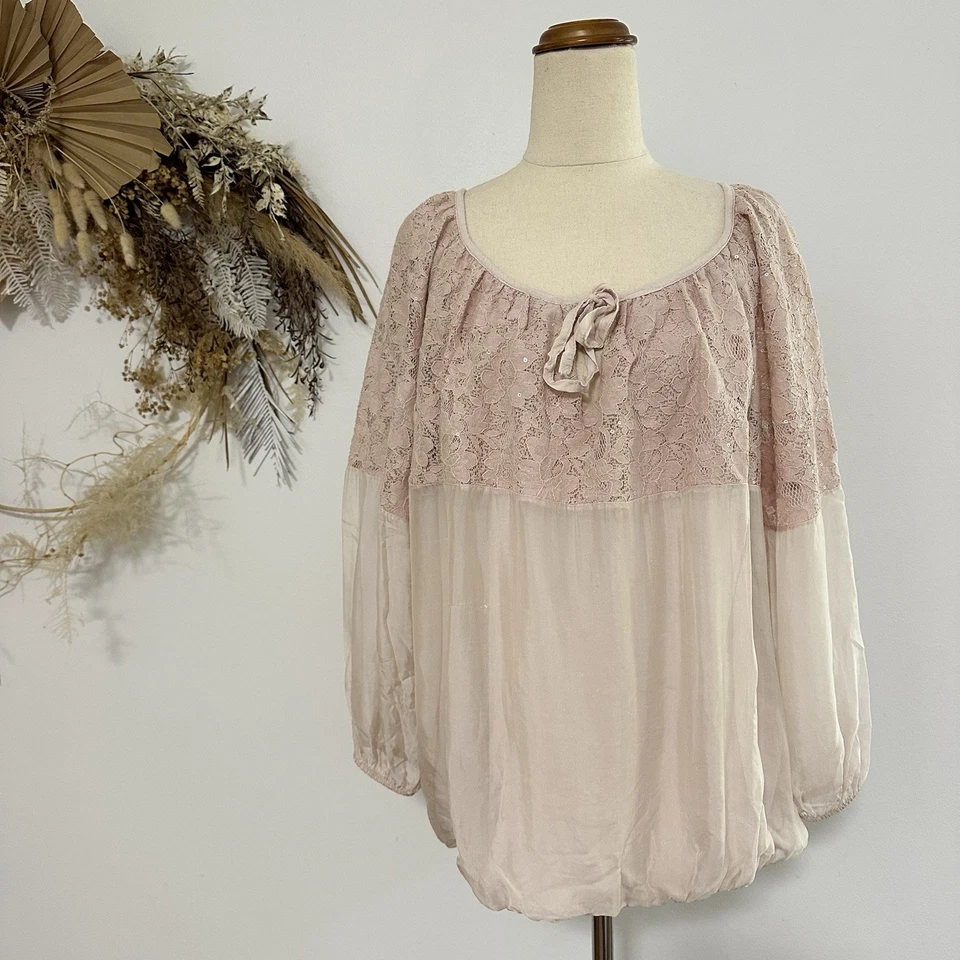 Imagine Silk Overlay Top Lace Pink Balloon Sleeve ONE SIZE Boho - image 1 of 4