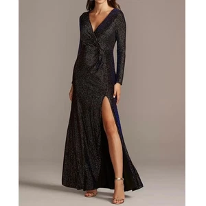 Nightway Knot Waist Gown 4 Surplice Metallic Shimmer Iridescent Blue Gold Formal - Picture 1 of 16