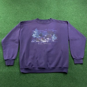 Vintage Winter Sweater Mens M Purple 90S Grandma Nature Cabin Sweatshirt USA - Picture 1 of 8