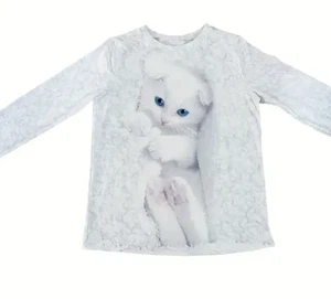 Weißes Kätzchen T-Shirt Langarm entzückend lebendiger Katzendruck auf der Vorderseite Herbst Winter - Bild 1 von 3