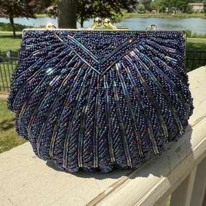 VTG La Regale Shell Blue Purple Beads Small Purse Clutch Kiss Lock Gold Handmade - Picture 1 of 16