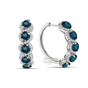 $799-7.6CT TW NAT LONDON BLUE & WHITE TOPAZ SOLITAIRE HOOP EARRINGS SS/14KPL 925 - Picture 1 of 10