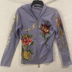 Ed Hardy Christian Audigier Rare Floral Graphic Zip-Up Hoodie Purple SZ L Tiger - Picture 1 of 24