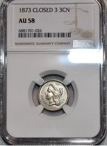 NGC AU-58 1873 Closed 3 Nickel Three Cent Piece, Lustrous specimen. - Picture 1 of 2