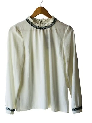 Blusa Downeast Talla S Beige Semi Transparente Volantes Borde Tweed - Nueva Foto 1 de 4