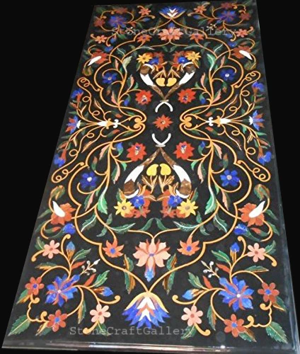 48" x 24" Black Marble Dining Center Table Top Pietra Dura Inlay Work - Image 1 of 2