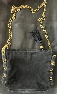 Vintage Italian Black Suede Leather Bag On Heavy Gold Chain - Picture 1 of 14