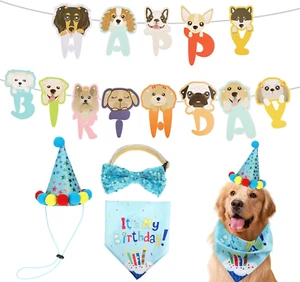 Set per Feste Di Compleanno per Cani, Striscioni, Cappelli, Bandana, Papillon, C - Foto 1 di 12