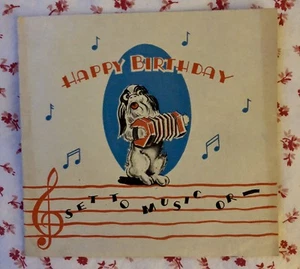 Vintage 1930s Birthday Greeting Card Cute Puppy Dog Playing Accordion - Picture 1 of 5