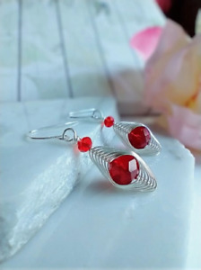 Wire Wrapped Red Crystal, Silver Dangle Earrings