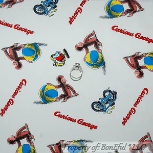 BonEful Fabric FQ Cotton Quilt White Blue Red Curious George TV Baby Bike Monkey - Picture 1 of 11
