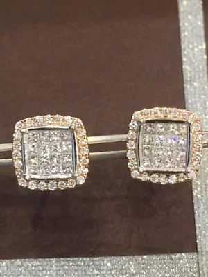 Pave 1.39 TCW Princess Round Cut Natural Diamonds Stud Earrings In 585 14K Gold - Image 1 of 4