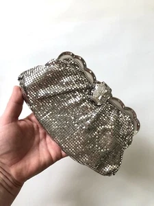Whiting and Davis As Is Vintage Silver Mesh Snap Clutch With Rhinestone Accent - Picture 1 of 11