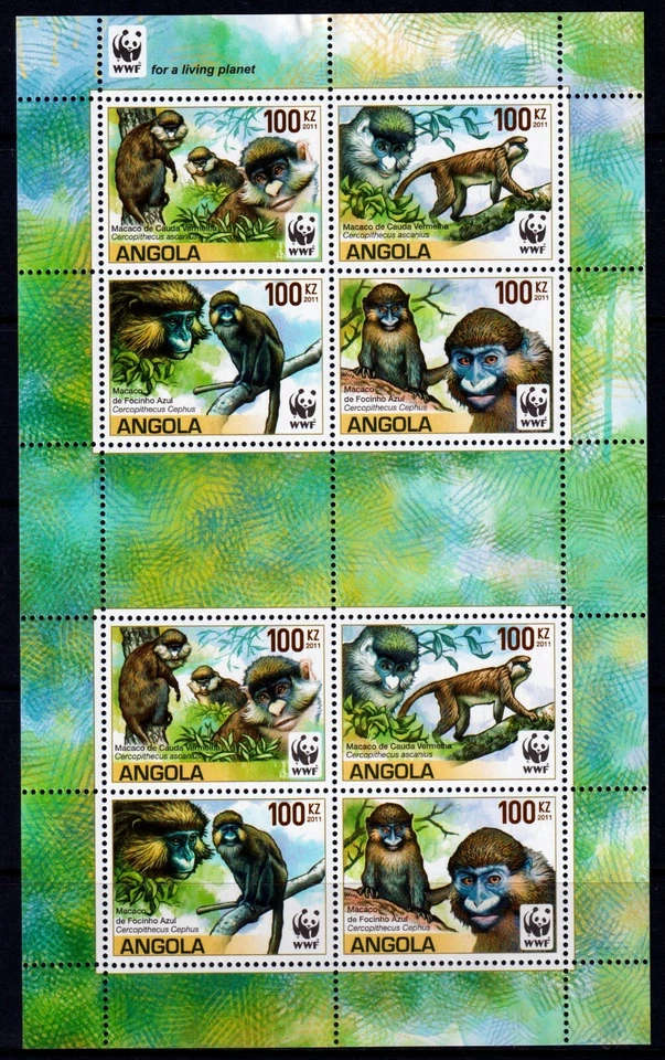 Angola 2011 Macaco de Cauda Vermelha Mono WWF Como Nuevo MNH Hoja Miniatura SC1364e Foto 1 de 1
