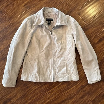 Geoffrey Beene Sport Women's Vtg Short Leather Jacket Lined Beige Full Zip Sz L - Image 1 of 4