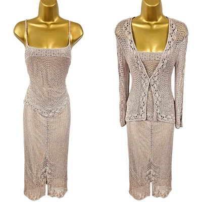 KAREN MILLEN 3 UK 12 Vintage Beige Crochet Floral 3 Piezas Top Falda y Cárdigan Foto 1 de 4