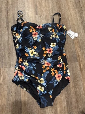 women's One Piece Swimsuit Black Tropical Floral - Lands End XL 18 - Image 1 of 2