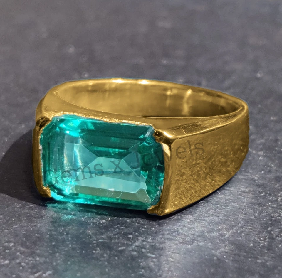 Anillo de oro real de 14 k esmeralda verde natural para hombre para compromiso anillo de regalo de boda Foto 1 de 4