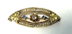 Vintage Art Deco 10 Kt Gold Pin, Diamond, Seed Pearls & Accent Spinel Stones - Picture 1 of 11
