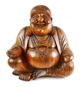 Statue Bouddha chinois rieur XL en bois sculpté 50 - Imagen 1 de 5