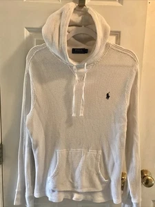 Polo Ralph Lauren Hoodie S/M White Waffle Knit Pullover Sweatshirt Distressed - Picture 1 of 10