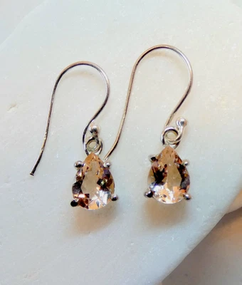 Natural Pink Morganite Gemstone Sterling Silver Dangle Drop Earrings Teardrop - Image 1 of 4