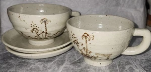 Vintage Korean Studio Pottery Cups Saucers Hand Decorated Stoneware Signed Rusti - Picture 1 of 10