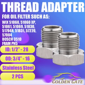 2 Pack Stainless Steel Automotive 1/2-28 to 3/4-16 Threaded Oil Filter Adapter - Picture 1 of 7