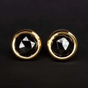 PENDIENTES DE ESPINELA NEGRA ORO AMARILLO 14K BISEL REDONDO CORTE ROSA MINIMALISTA 5mm - Imagen 1 de 3