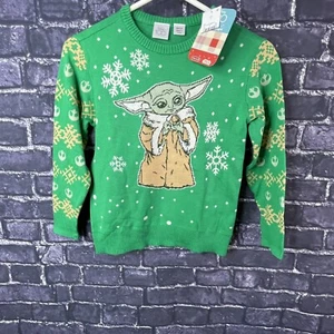 Baby Yoda Sweater Size Small Green Star Wars Grogu Girls Christmas Disney - Picture 1 of 9