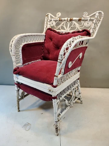 Antique Victorian Child's White Wicker Chair, Converts to Cradle, Red Velvet Cover