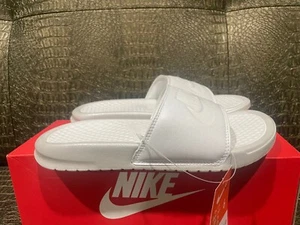 NIKE WOMENS Benassi JDI Metallic QS Slides AA4149-100 WHITE NEW - Picture 1 of 5