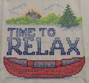 Brand New Cross Stitch "Time to Relax" Decorative Hand Towel - 19" x 33" REDUCED - Picture 1 of 2