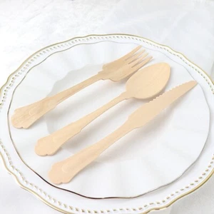 24 NATURAL Birchwood CUTLERY Baroque Design Spoons Forks Knives Set Party Events - Picture 1 of 8