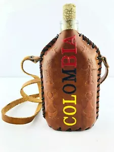 Vintage Kolumbien Flachmann Leder umwickelt Flasche leer Dekanter Leder mit Riemen - Bild 1 von 7