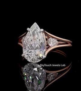 2 CT IGI Certified Pear Lab Diamond Ring 10K Gold 3-Stone Engagement Gift Her - Picture 1 of 10