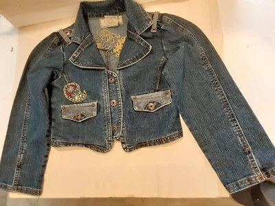  NoFuze Girls Sz 6x Cropped Embroidery Cotton Elbow Patches Denim Stretch Jacket - Image 1 of 4