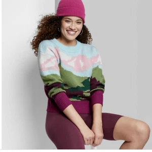 Wild Fable Juniors Blue landscape Pullover Sweater Colorblock Sze S NW - Picture 1 of 4