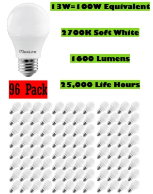 96 Pack Light Bulbs Maxlite 13 Watt = 100W LED Soft White 2700K A19 E26 Dimmable - Image 1 of 4