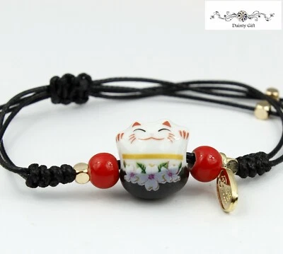 Pulsera cuerda ajustable animal gato/gatito flor grasa cerámica suerte niña mujer 4-11" Foto 1 de 4