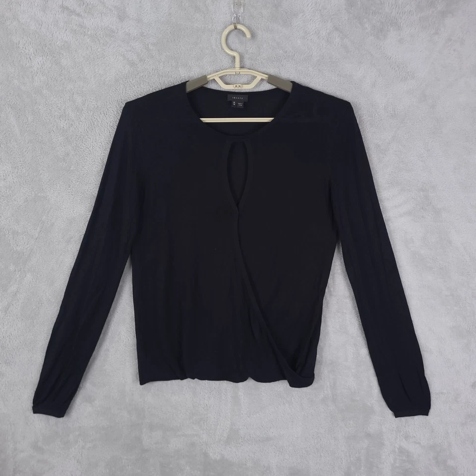 Theory Top Knit Blouse Women Black Sz M Long Sleeve Silk Blend Faux Wrap Keyhole - Image 1 of 4