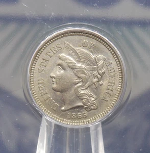 1865 Three Cent Nickel Piece *OBSOLETE* 3CS ANACS AU58 #421 About Unc ECC&C, Inc - Picture 1 of 5