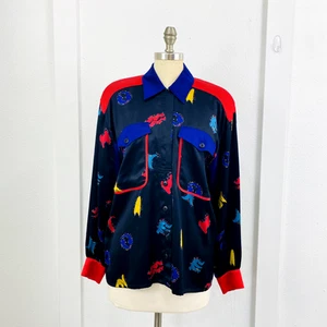 Escada By Margaretha Ley Blouse Womens Sz 40 Silk VTG Collared Black Colorblock - Picture 1 of 13