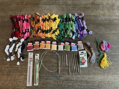 Vintage Embroidery Floss 100 Skeins + Crochet Hooks, Needles, 5" Hoop+ supplies - Image 1 of 4