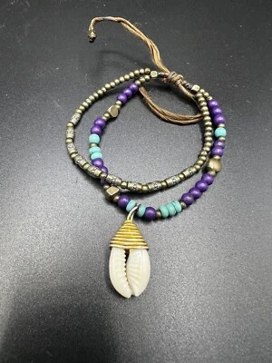 Hand Made Ankle Bracelet Shell Turquoise Stone Metal One Of A Kind Adjustable - Image 1 of 3