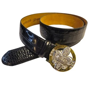 Brighton Gürtel 34 Strass Fleur de Lis silber goldfarben schwarz strukturiertes Leder - Bild 1 von 21