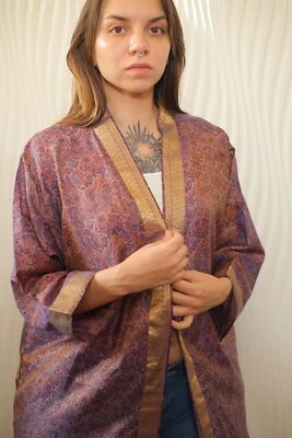 Pura Seda Corta Kimono Plumero Chaqueta Cárdigan Gorra Bata Suelta Marrón PS KMS3277 Foto 1 de 4