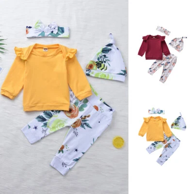 Newborn Baby Girls Clothes Floral Top Ruffled Casual Wear Pants Hat Set Outfits - Image 1 of 4