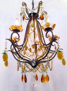 20" x 26" Crystal, Czech. Amber Grapes, Beaded Wrought Iron Chandelier 5 Lights - Picture 1 of 1